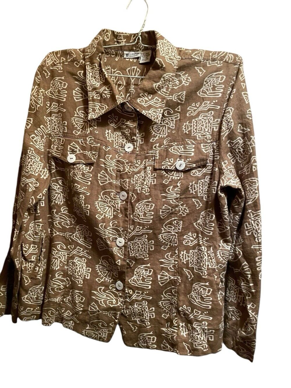 Woman XL Linen Cropped jacket White Animal Eclectic Pattern Pockets VTG Units